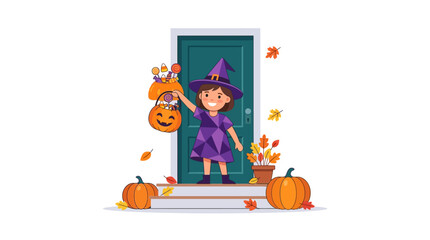 Fototapeta premium Little girl wearing a purple witch costume holds a pumpkin bucket with candy in a doorway.