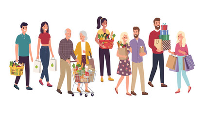 Fototapeta premium Diverse people shopping set featuring buyers carrying grocery baskets paper bags gift boxes and pushing cart vector illustration.