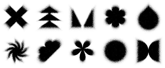 Obraz premium Grainy sun blurred logo, noise gradient burst texture. Dot pattern shapes of cloud and triangle, spray star of crossed snowflake y2k. Half tone flower with round swirl vortex, radiant drop of paint