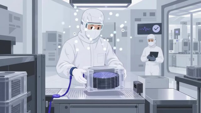 Semiconductor manufacturing cleanroom worker handling silicon wafer