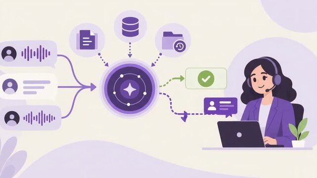 Animated graphic illustration showing AI support agent workflow and