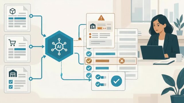 Woman working at laptop with animated data processing and workflow