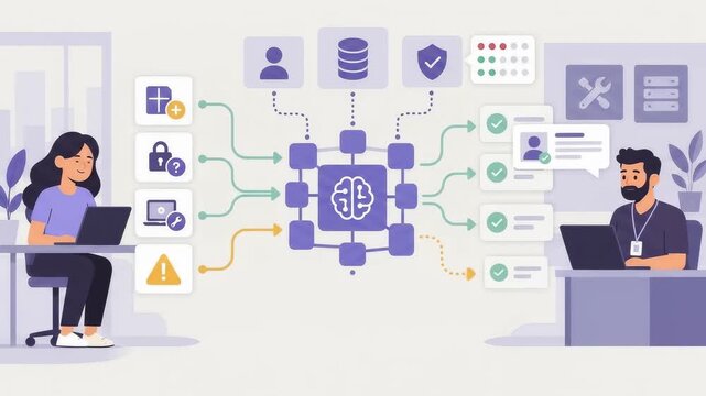 Animation of IT service support workflow with AI brain connecting