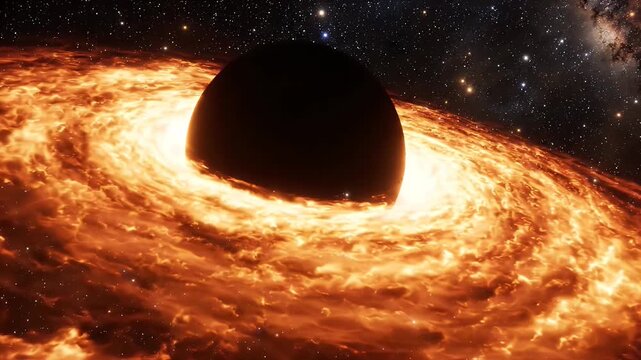 Supermassive black hole with glowing accretion disk in deep space galaxy animation