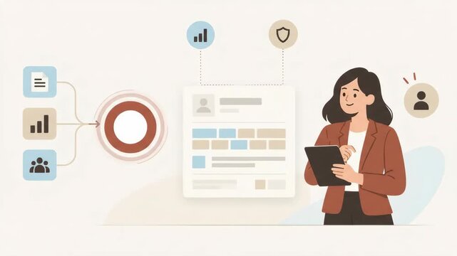 Animated vector illustration of a woman working on document