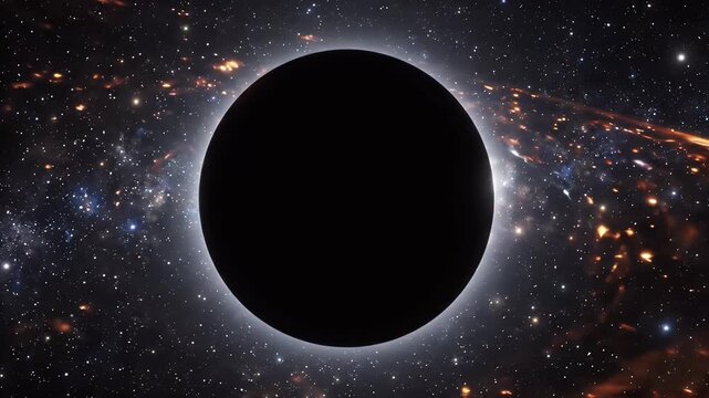 Cinematic black hole with glowing accretion disk in deep space cosmic background animation