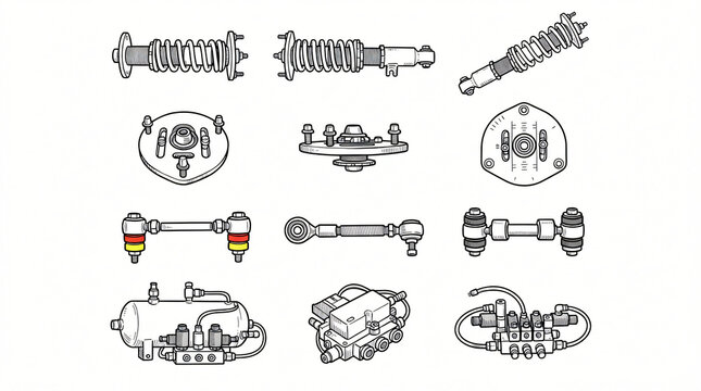 Stance Car Lowering Suspension Line Art Doodle Graphic Collection Hand Drawn Adjustable Coilover Strut Camber Plate Sway Link Valve Black Ink Strictly Textless White Background Asset Stock