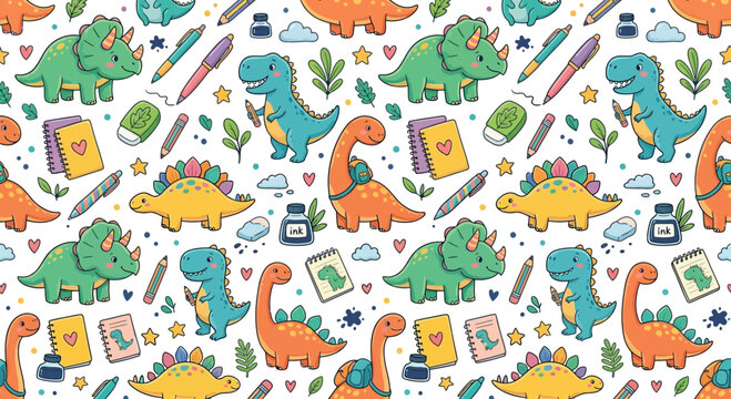 Cute cartoon dinosaurs and school supplies pattern
