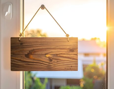 Wooden sign hangs in a window, with sunset light illuminating the background