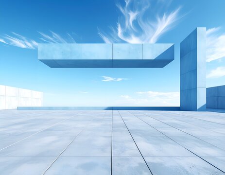 Modern geometric architecture floats under a bright blue sky with wispy clouds