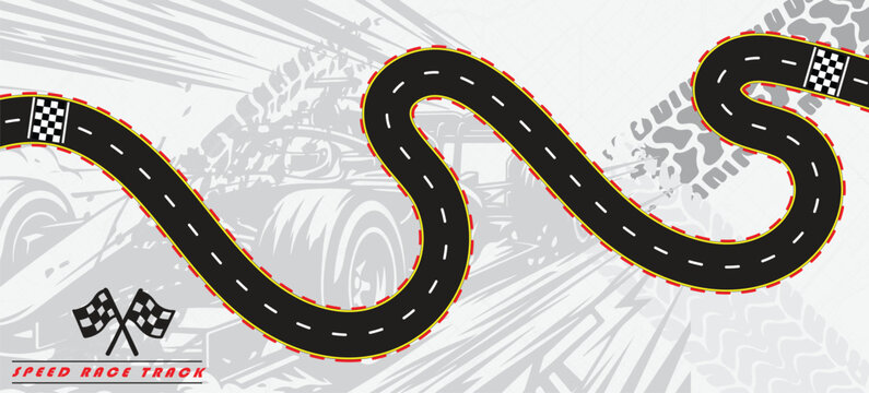 Speed Race Background. Race track in black color with tyre marks and city map on a white background.