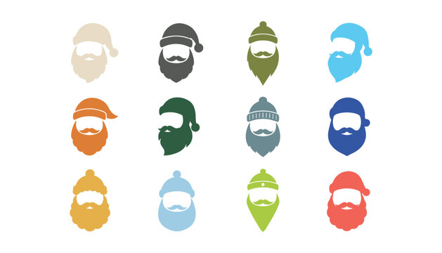 Santa Claus face silhouettes set featuring colorful holiday hats mustaches and beards for Christmas graphic design vector illustration.