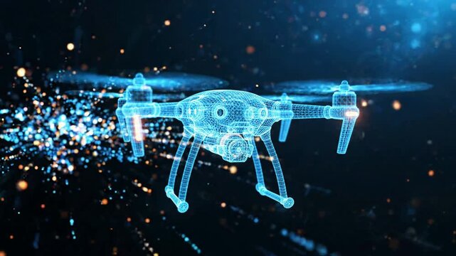 Futuristic drone hologram with digital data particles, advanced technology concept, 3D wireframe quadcopter animation