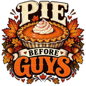 Funny thanksgiving quote design featuring a pumpkin pie illustration surrounded by autumn leaves and fall decorations
