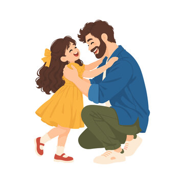 Father kneeling beside his daughter and sharing a gentle playful moment together