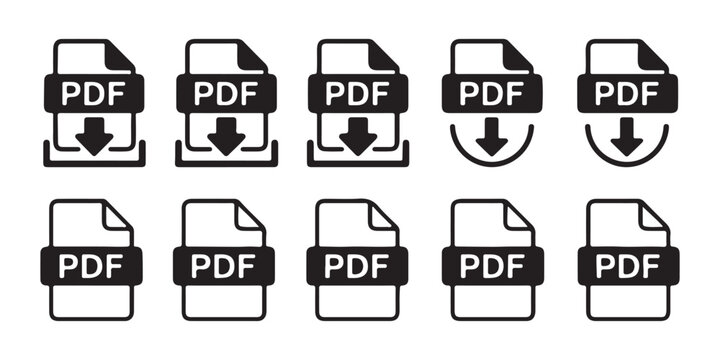 Set of ten pdf file icons with download arrows for digital document management.