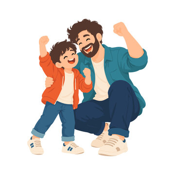 Father and daughter celebrating together with raised arms in an energetic family joy illustration