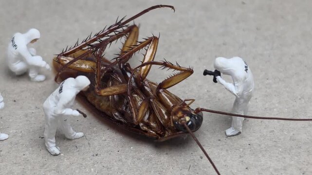Mini toy of action figure at table with blurred background. Miniature videography concept design. Minifigure of scientist crew character wear hazmaf suit with dead body of cockroach. Footage video.