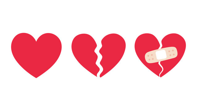 Cartoon heart set, broken heart and crack fixed with bandage. Breakup and heartbreak symbol. Simple flat vector style clip art illustration.