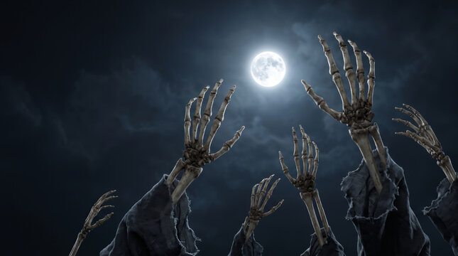 Skeleton bone graveyard tombstone beneath moonlit sky. Haunted cemetery gravestone. Halloween horror creepy gothic, skull death, fear skittish mystery