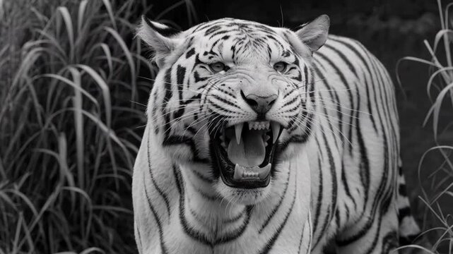 A black and white portrait of a white tiger standing in tall grass and roaring at the camera.