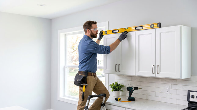 Professional installer meticulously leveling new kitchen wall cabinets in a modern home