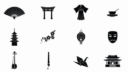Naklejka premium Traditional cultural icons arranged in a minimalist black with decorative elements clean graphic style silhouettes distinct traditional architecture attire instruments
