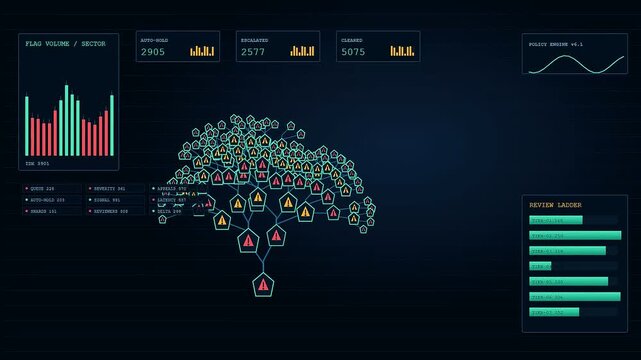 Content flagging systems appear on three digital monitors showing growing tree diagrams with notification icons and bar charts as data points evolve throughout this screen recording