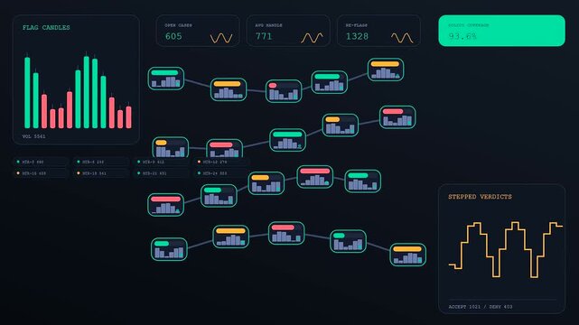 Monitoring data through content flagging interfaces that visualize complex analytical workflows in an evolving software dashboard with glowing neon charts and connected node pathways throughout