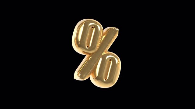 Percent Sign Golden Foil Balloon 3D Typography Animation Alpha Channel Seamless Loop 4K