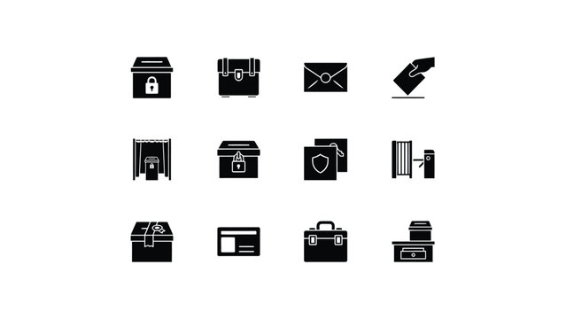 Twelve stylized icons representing secure storage and data management in a minimalist black with protection transaction handling illustrate various methods