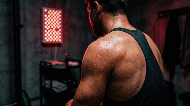 Muscular Man&rsquo;s Back Sweated Under Red LED Panel Light in Dark Gym Setting showing Fitness Training Atmosphere
