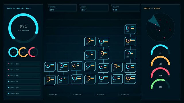 Digital content flagging interface displaying complex flowcharts with circular monitoring gauges and glowing telemetry graphs representing data sorting tasks on a deep dark blue computer screen