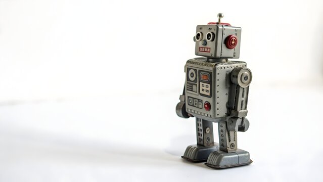 Robot toy made of vintage tin stands on a white surface, showcasing classic retro design and nostalgic childhood playthings.