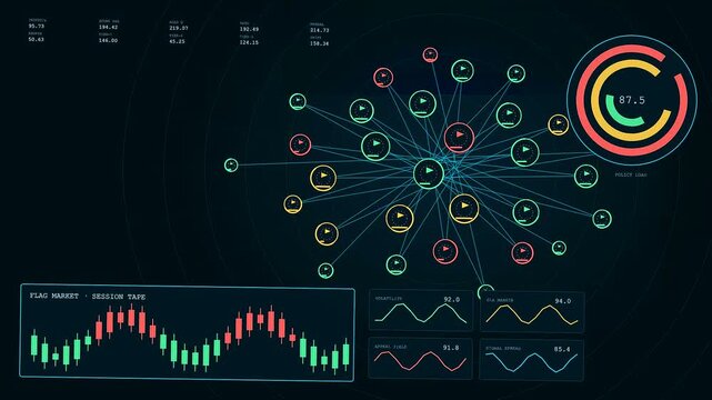 Digital content flagging interface shown across three panels with moving network nodes and colorful ring charts displayed on a dark glowing screen for data monitoring analysis
