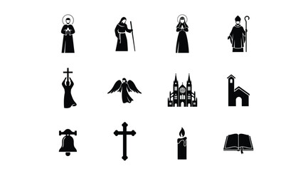 Naklejka premium Religious icons and symbols illustrated in clean black with Religious figures symbols presented minimalist black white line art style arranged grid