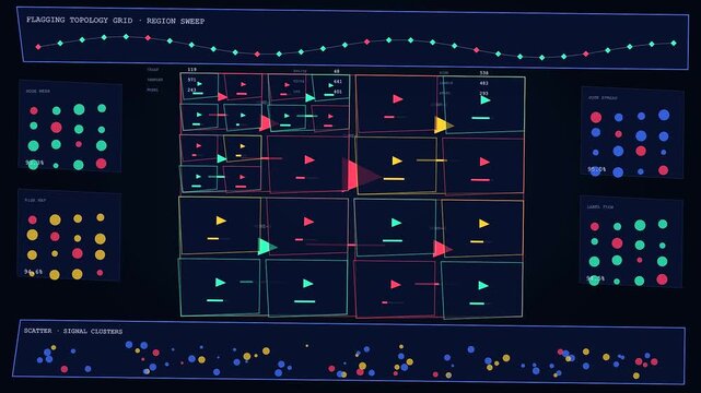 a digital content flagging interface displays complex geometric patterns and pulsating neon lights within a dark virtual monitoring screen as cascading data points shift slowly
