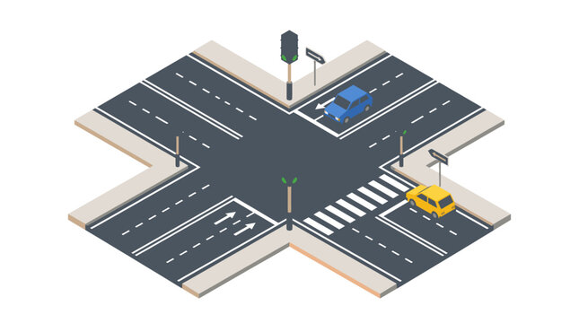 Isometric Crossroads with Traffic Lights and Vehicles.
