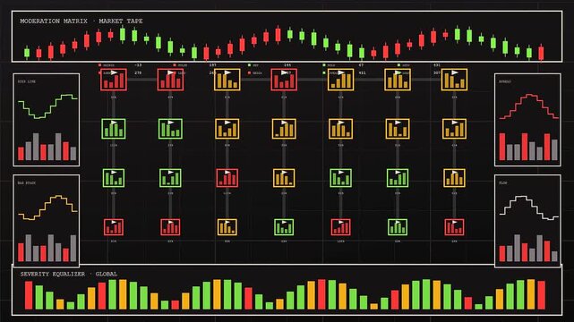 A digital content flagging system dashboard displays oscillating market graphs and glowing indicator squares while metrics shift across three sequential panels in a dark room environment