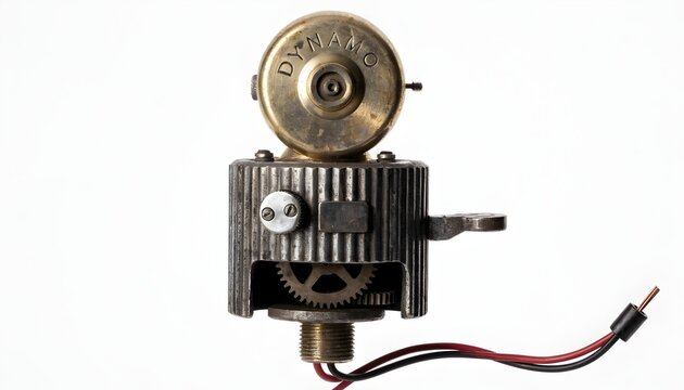 Vintage miniature mechanical dynamo motor with internal gears and electrical wiring is isolated on a white background.
