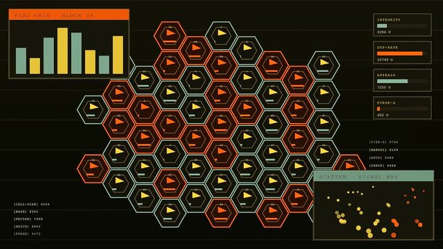 Digital content flagging interface panels display complex network mapping modules featuring orange hexagonal node structures and data analytics graphs shown in a dark monitor screen environment