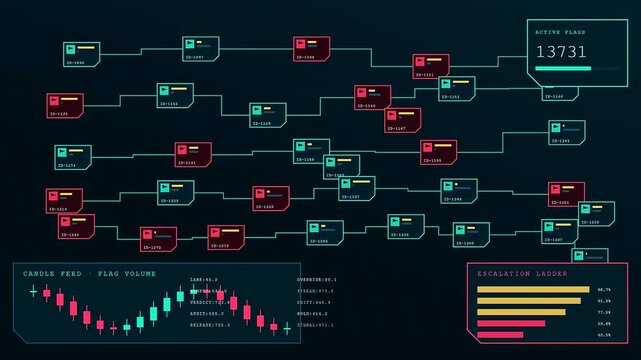 a content flagging digital interface displays complex flowcharts and rising bar graphs in this animated sequence representing automated data monitoring systems for network security and analysis