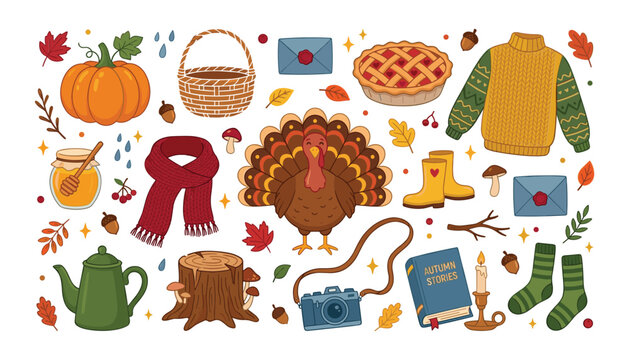 Cute autumn vector elements set with thanksgiving turkey pumpkin cozy sweater pie warm scarf and fall foliage stickers