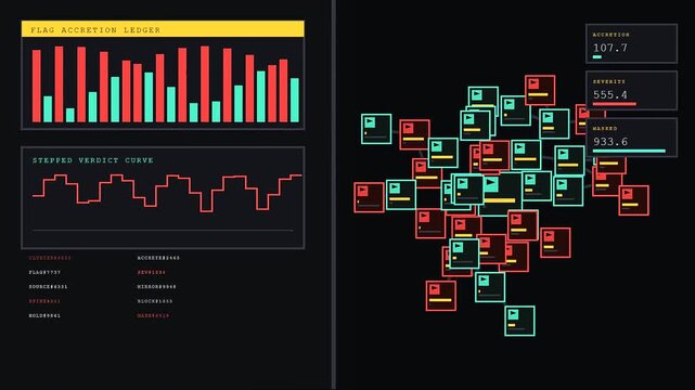 Digital content flagging display shows red and green bar charts plus growing clusters of square nodes on a dark screen representing automated data processing and system monitoring