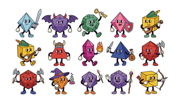 Retro cartoon tabletop gaming polyhedral dice characters set including d20 d12 d8 and d6 rpg fantasy vector elements