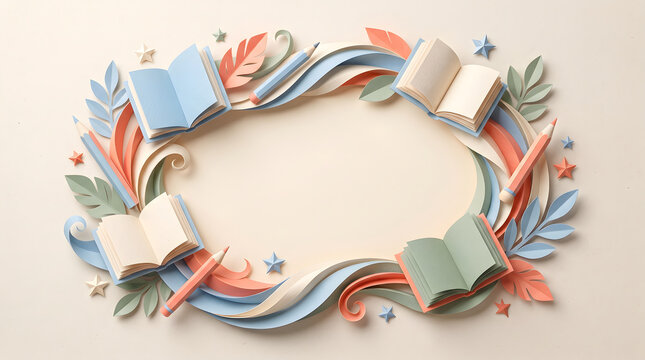 Decorative frame made of open books and colorful tropical leaves on beige background