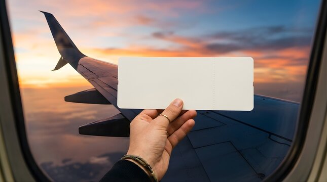 Hand holding a blank ticket inside airplane with view of sunset sky