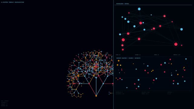 Digital content flagging appears as a glowing network node cluster displaying interconnected data points moving across a dark screen interface during a complex computational analytics process