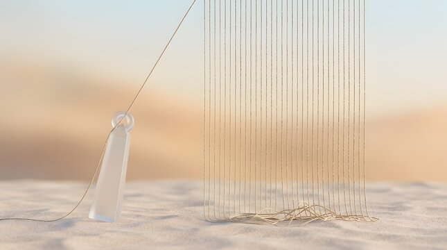 Minimalist 3D render of a frosted glass obelisk pulling a vertical string net over desert sand, illustrating abstract connectivity and tension.