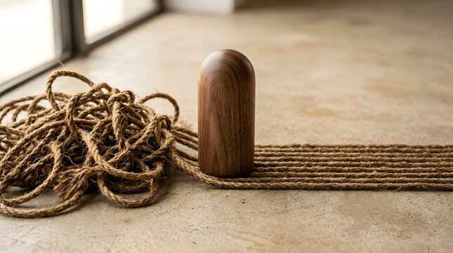 Minimalist concept of organization showing a wooden token aligning tangled hemp ropes into neat parallel lines on a concrete surface, representing order out of chaos and systematic process.